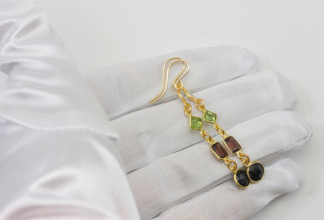 Garnet Peridot Spinel Earrings Bezel Set Faceted Drops Triple Hung 14k Solid Gold or Filled Multi Gem Dainty Simple Long 2 Inches Drop