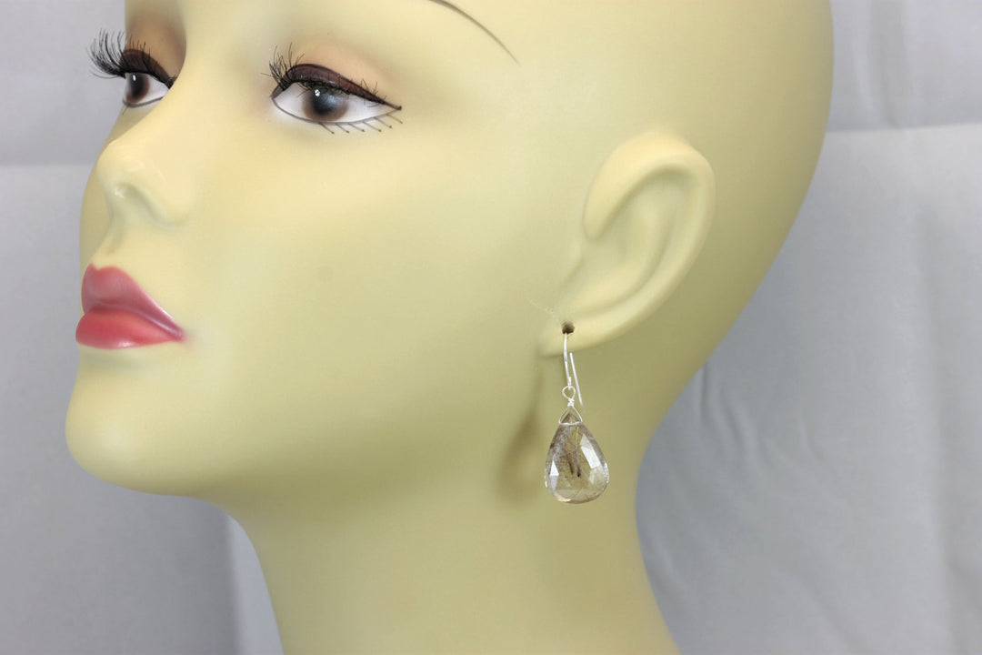 Black Bronze Rutile Tourmalated Quartz Earrings Sterling Silver Faceted Large Long Teardrop  AAA Quality Rich Select natural Rutilation