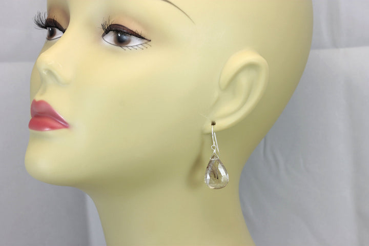 Black Bronze Rutile Tourmalated Quartz Earrings Sterling Silver Faceted Large Long Teardrop  AAA Quality Rich Select natural Rutilation