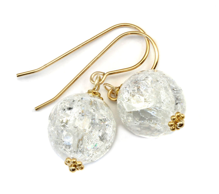 Crackle Clear Quartz Earrings Sterling Silver or 14k solid Gold or Filled  Round Cut Faceted Natural Quartz Mosaic Round Beaded Accent Drops