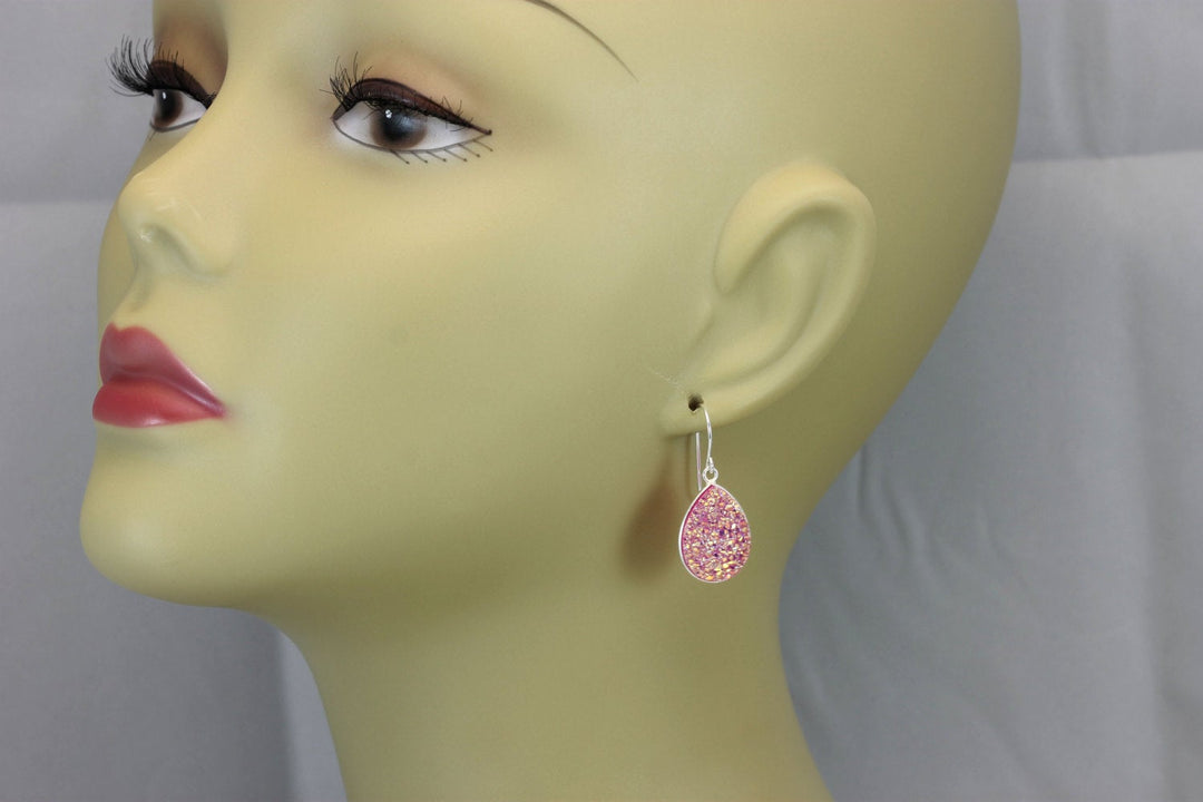Pink Drusy Earrings Druzy Large Teardrops Sterling Silver or 14k Solid Gold or Filled Bezel Set Simple Drops Fuchsia Pink Daily Sparkly