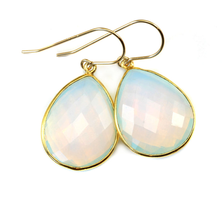 Opalite Earrings Faceted  AAA Teardrops 14k Solid Gold or Filled iridescent colors simple daily Large Bezel Setting Fat Milky White Drops