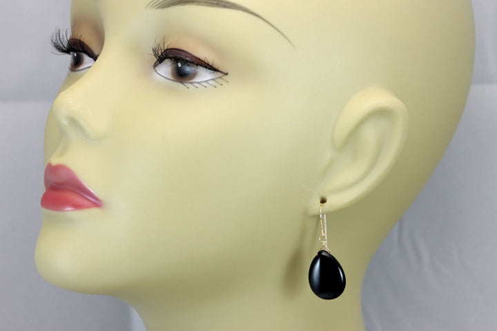 Black Onyx Earrings Sterling Silver or 14k Solid Gold or Filled Smooth Puffed Oval Teardrop Dangle Simple Design Classic Neutral Drops