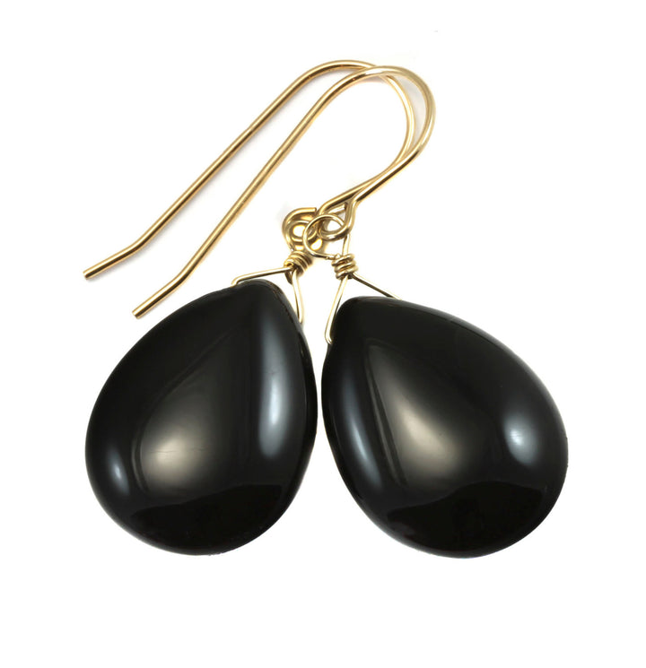 Black Onyx Earrings Sterling Silver or 14k Solid Gold or Filled Smooth Puffed Oval Teardrop Dangle Simple Design Classic Neutral Drops
