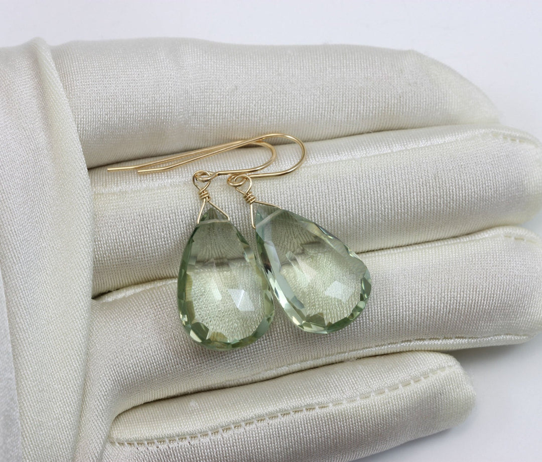 Green Amethyst Earrings Prasiolite Faceted AAA Pear Teardrop 14k Solid Gold or Filled or Sterling Silver Large Fat Drop Classic Briolettes