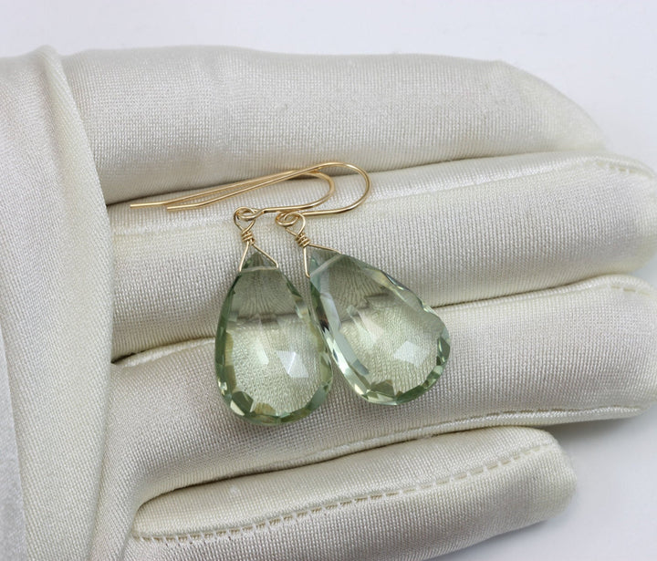 Green Amethyst Earrings Prasiolite Faceted AAA Pear Teardrop 14k Solid Gold or Filled or Sterling Silver Large Fat Drop Classic Briolettes