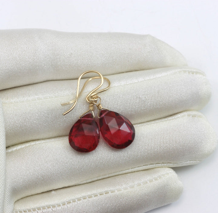 Red Pink Earrings Faceted Pear Simulated Sapphire Teardrop Drop Dangle Sterling Silver or 14k Gold Filled Red Fuchsia Magenta drops