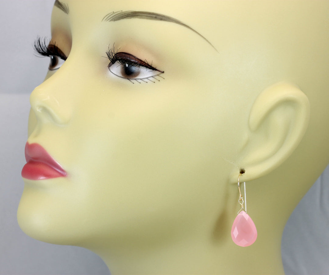 Pink Chalcedony Earrings Sterling Silver or 14k Solid Yellow Gold or Filled Faceted Teardrop Large Pear Cut Pale Soft Pink Natural Classic