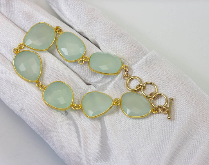 Chalcedony Bracelet Green Chain Link Beaded 14k Gold Filled Adjustable 7 8 Inches Natural Soft Pale Green Colors simple Faceted Off Round
