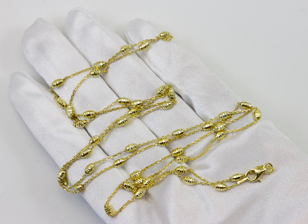 Chain Necklace 14k Gold Over Sterling Silver Box Chain Barrel Beads 34 Inch Lobster Clasp Versatile Classy Simple Everyday Design