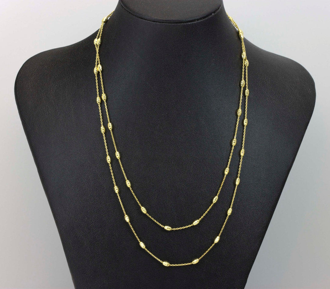Chain Necklace 14k Gold Over Sterling Silver Box Chain Barrel Beads 34 Inch Lobster Clasp Versatile Classy Simple Everyday Design
