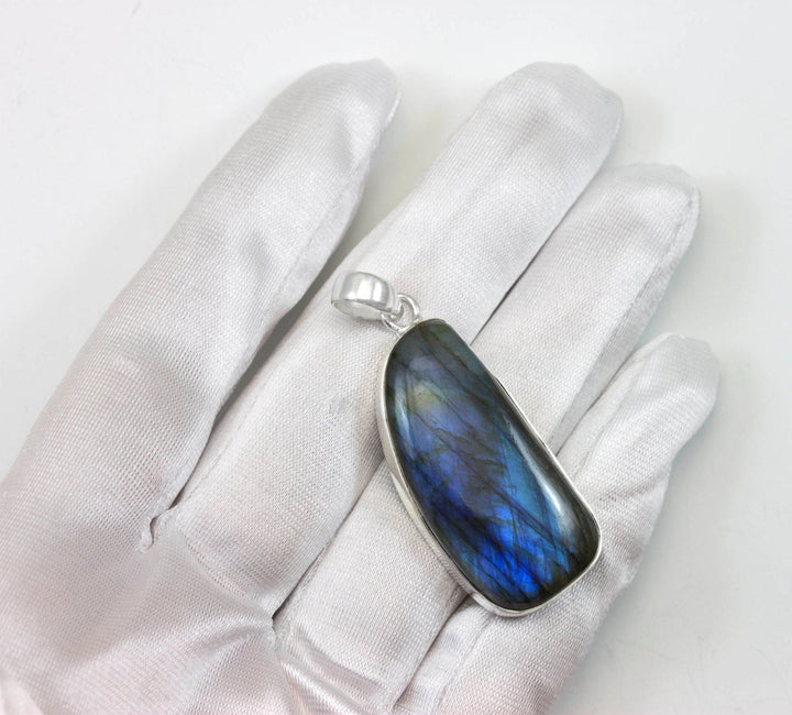 Labradorite Necklace Pendant  Sterling Silver Rectangle Cabachon Large Shape AAA Bezel Set Natural Blue Flash Clean Simple Design
