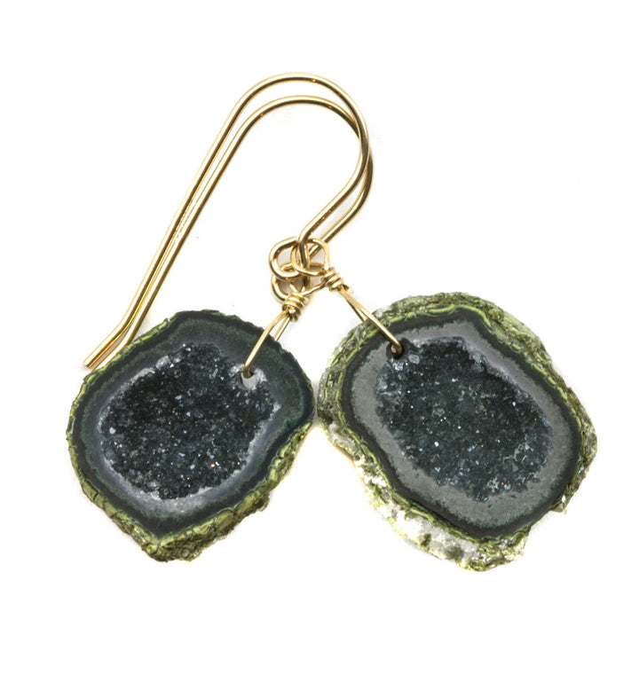 Baby Geode Earrings Tabasco Gray Small Druzy Oval 14k Gold Filled Small Halved Teardrop Drusy Paired AAA Grey Natural Quartz Drops