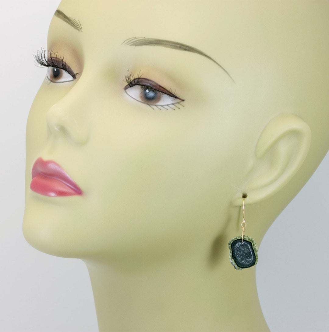 Baby Geode Earrings Tabasco Gray Small Druzy Oval 14k Gold Filled Small Halved Teardrop Drusy Paired AAA Grey Natural Quartz Drops