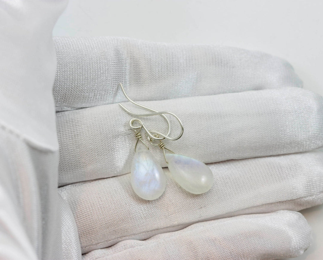 Rainbow Blue Moonstone Earrings Sterling Silver or 14k Solid Gold or Filled Smooth Pear Teardrop Natural Real High Quality Simple Drops