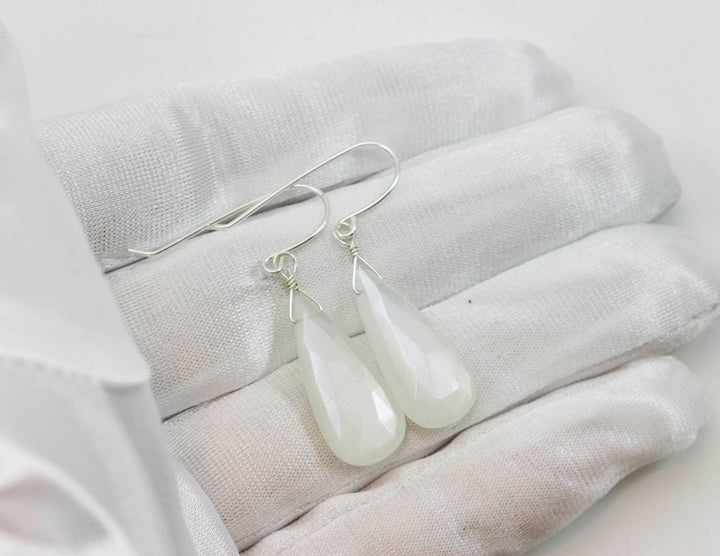 White Moonstone Earrings Sterling Silver or 14k Solid Gold Filled Faceted Teardrop Natural High Quality Simple Dainty Drops Shimmery Drops