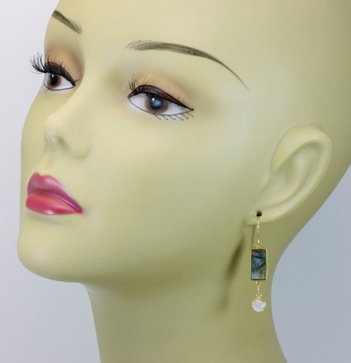 Labradorite and Rainbow Blue Moonstone Earrings  14k Gold Filled Rectangle Teardrop Natural Blue Flash Simple Shimmery Drops Bezel Set