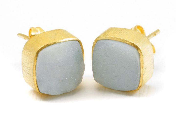 White Drusy Earrings Gold Post Studs Earrings Bezel Set Teardrop Shape Brushed Gold Finish Classic Simple Daily Wear Posts Stud