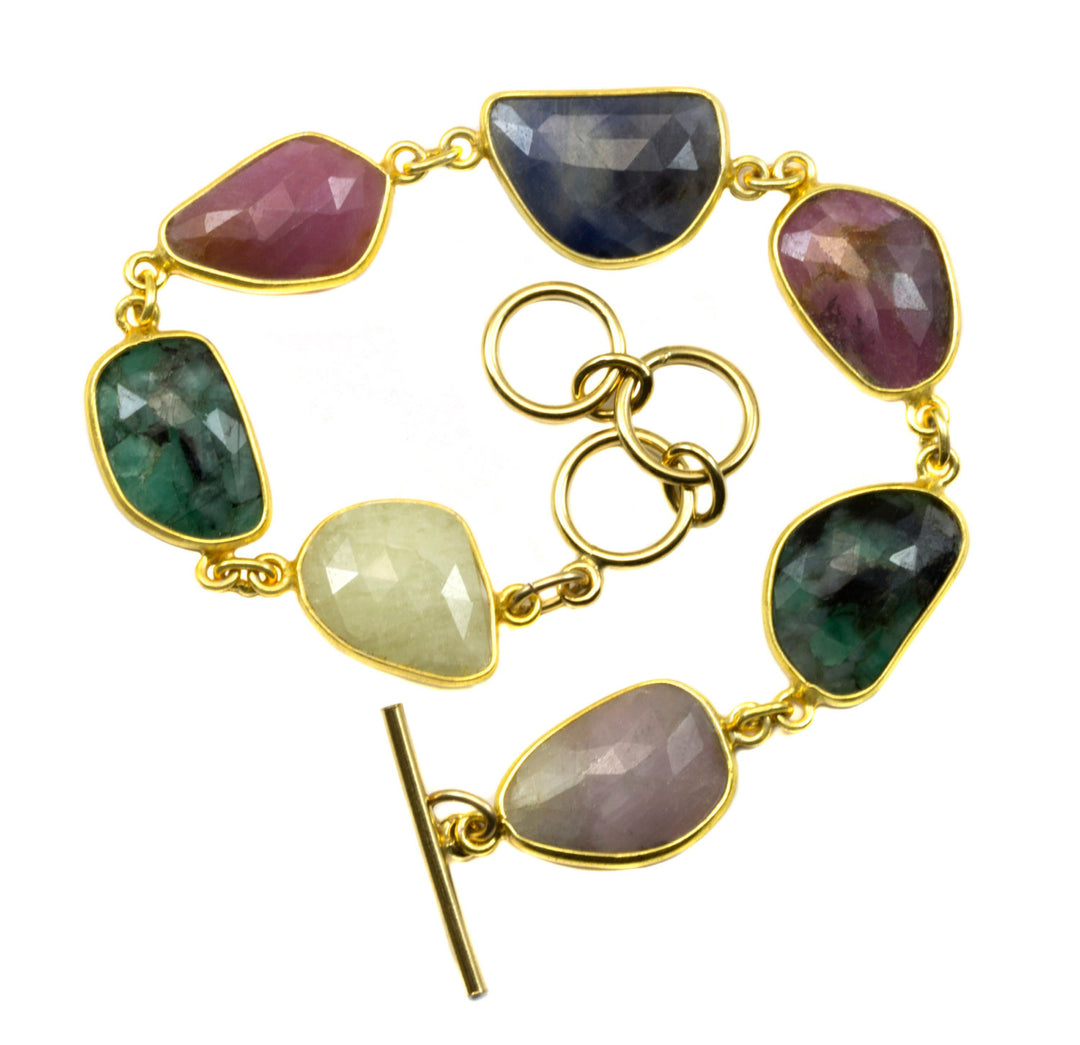 Pink Blue Sapphire Green Emerald Bracelet Adjustable 7 8 Inch Bezel Off Round Faceted toggle clasp simple natural design 14k gold filled