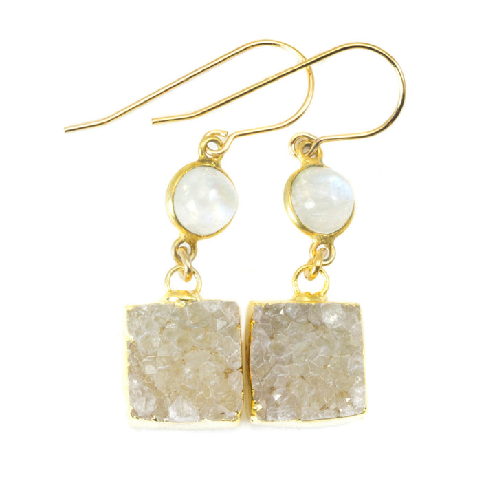 Drusy Soft Grey White 14k Solid Yellow Gold or Filled Earrings Paired Square Cut Rainbow Blue Moonstone  Drusy Druse Natural Drops Bezel Set