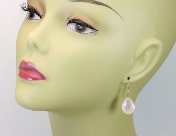 Rose Quartz Earrings Pink Large Teardrop Dangle Sterling Silver or 14k solid Gold or Filled Classic Pear Faceted Simple Everyday Soft color - Spyglass Designs