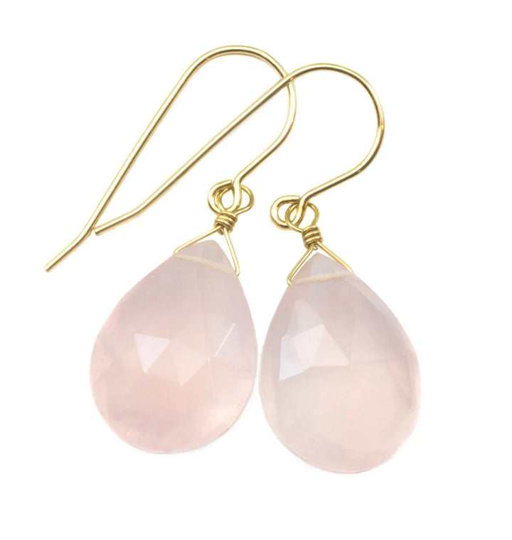 Rose Quartz Earrings Pink Large Teardrop Dangle Sterling Silver or 14k solid Gold or Filled Classic Pear Faceted Simple Everyday Soft color - Spyglass Designs