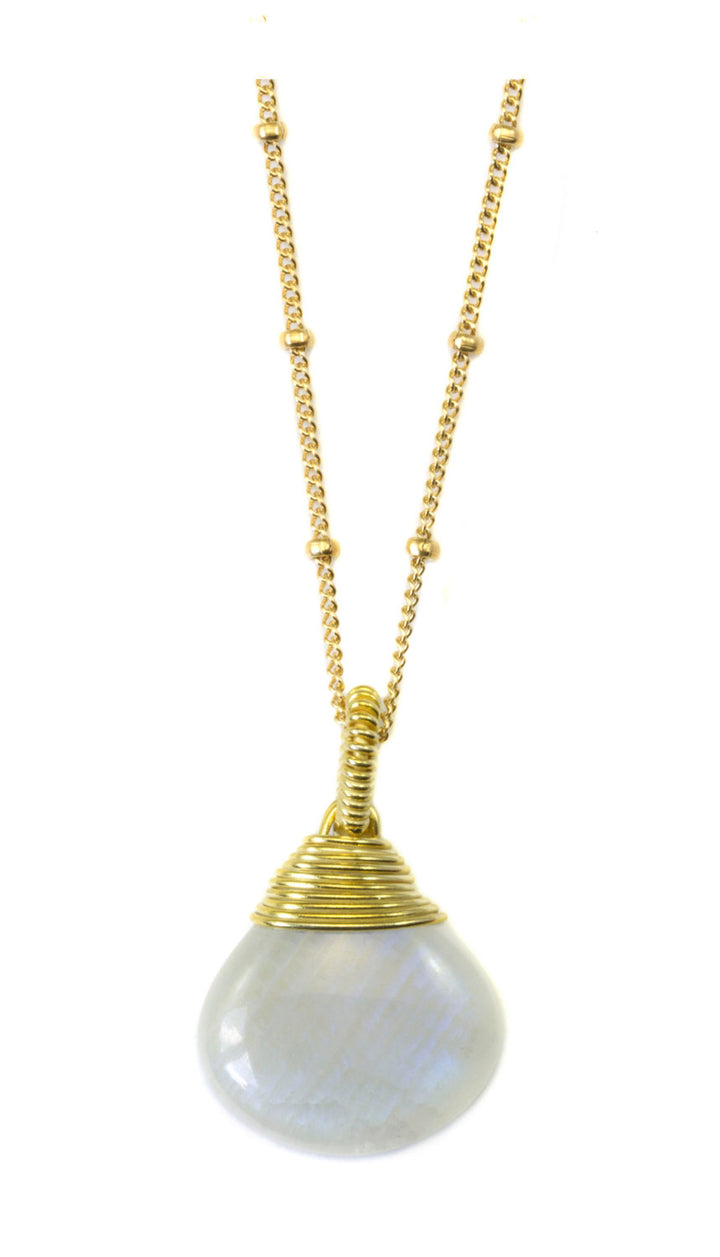 Moonstone Necklace Pendant Teardrop wire wrapped  14k Gold Filled 18 Inch Blue Flash Large Beaded Chain Curb Link