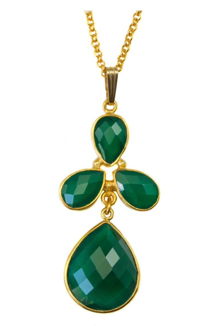 Green Onyx Necklace Pendant 14k Gold Filled Double Hung Bezel Set Teardrops 18 Inch Length Curb Chain Look of Green Emerald Lobster Clasp