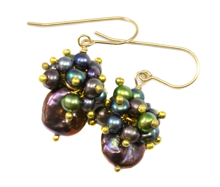 Peacock Pearl Earrings Cluster Pearls 14k Gold Filled Freshwater Cultured Classic Simple Iridescent Colors