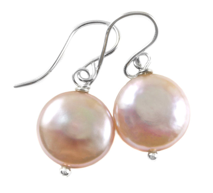 Pink Button Pearl Earrings Sterling Silver or 14k Solid Gold or Filled Rose High Luster Simple Pearls Genuine Freshwater Dangles Drops