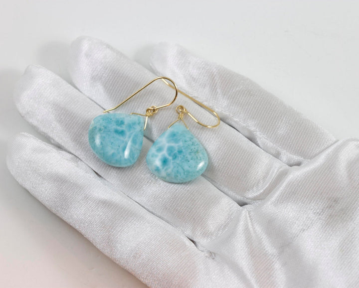 Blue Larimar Earrings Natural Heart Polished Smooth Simple Large Drop Sterling Silver Spyglass Designs Baby Soft Blue  Contemporary Cut