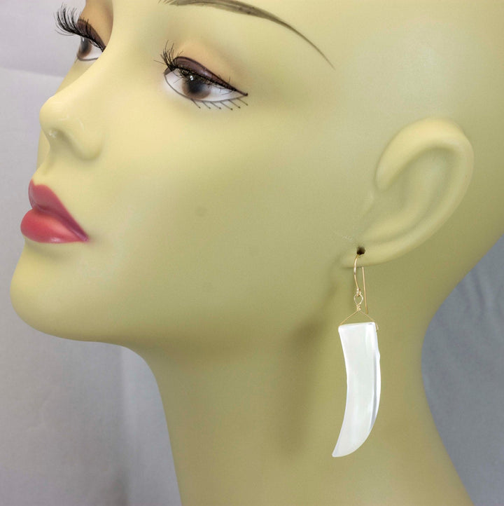 Mother of Pearl Earrings White Shell 14k Gold Filled or Sterling Silver Natural Curved Shell Long 2 Inch Drops Earthy Large Simple Drops MOP