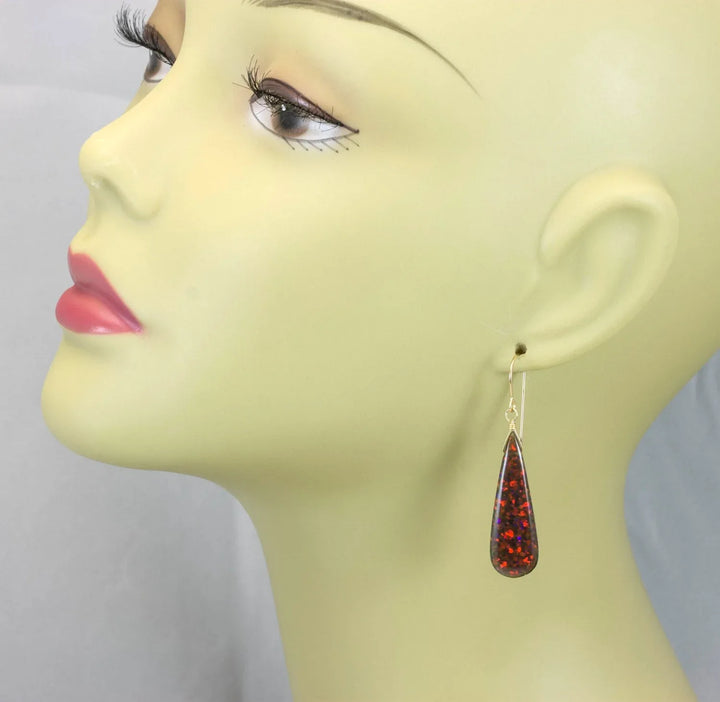Fire Red Opal Earrings Long AAA Teardrops 14k Solid Gold or Filled or Sterling Silver 2 Inch AAA cut iridescent colors simple daily drops - Spyglass Designs