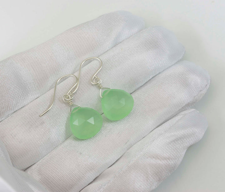 Prehnite Earrings Teardrop AAA Drop Dangle Sterling Silver or 14k Solid Gold or Filled Natural Faceted Heart Drops Simple Soft Green Light