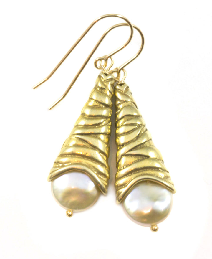 Pearl Earrings 14k gold filled Ear Wires and Vermeil Yellow Gold Cone Unique Drops Freshwater Cultured high luster pearls Earthy design