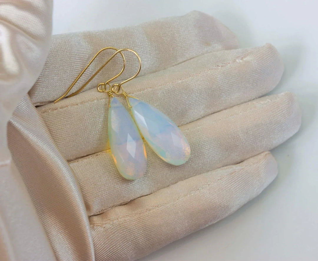 Opalite Earrings Faceted Long Pear Shaped AAA Teardrops 14k Solid Gold or Filled or Sterling Silver AAA cut iridescent colors simple drops - Spyglass Designs
