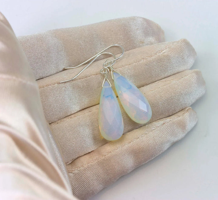 Opalite Earrings Faceted Long Pear Shaped AAA Teardrops 14k Solid Gold or Filled or Sterling Silver AAA cut iridescent colors simple drops - Spyglass Designs