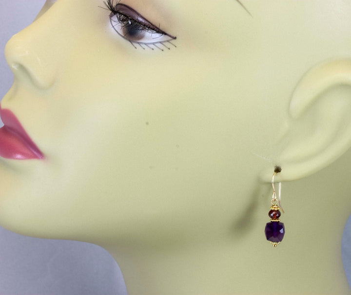 Purple Amethyst Red Garnet Earrings 14k solid gold or filled Ear Wires Stacked Stones Beaded Accents Natural Gemstones Simple Everyday Drops