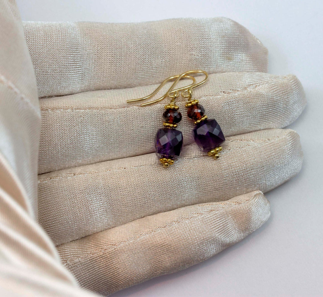 Purple Amethyst Red Garnet Earrings 14k solid gold or filled Ear Wires Stacked Stones Beaded Accents Natural Gemstones Simple Everyday Drops