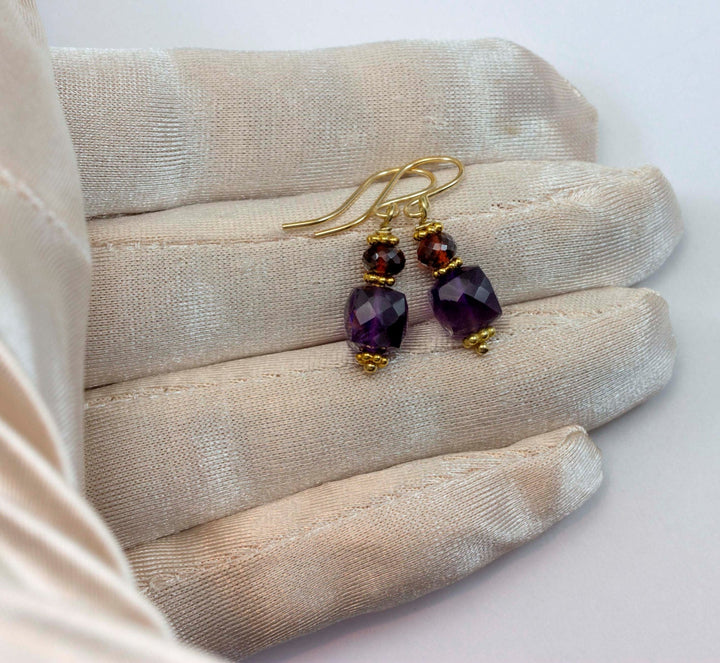 Purple Amethyst Red Garnet Earrings 14k solid gold or filled Ear Wires Stacked Stones Beaded Accents Natural Gemstones Simple Everyday Drops