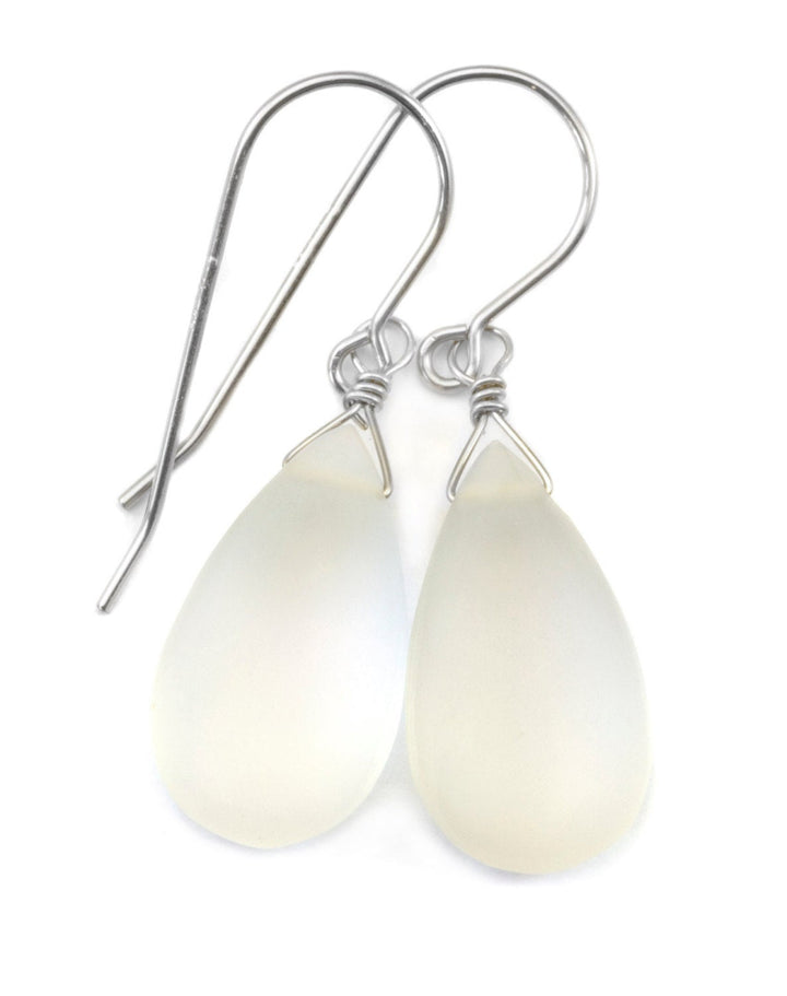 Crystal Clear Quartz Earrings Sterling Silver or 14k Solid Gold  or Filled Teardrop Dangle Natural Smooth Frosted Matte  Look of Sea Glass