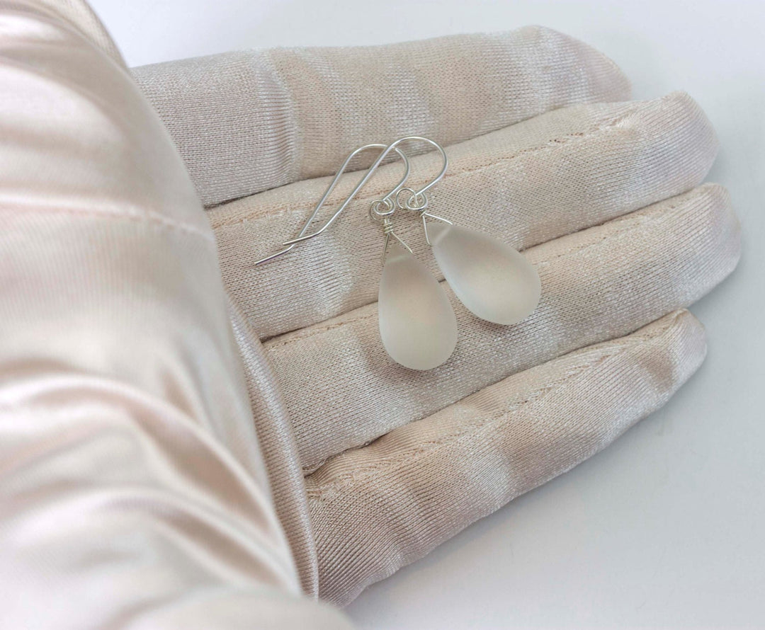 Crystal Clear Quartz Earrings Sterling Silver or 14k Solid Gold  or Filled Teardrop Dangle Natural Smooth Frosted Matte  Look of Sea Glass