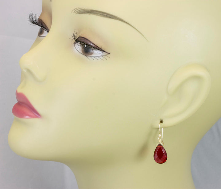Red Ruby Earrings Pear Shaped Simulated Teardrop Dangle faceted Sterling Silver or 14k Gold Filled Red Quartzite Puffed Shape Simple