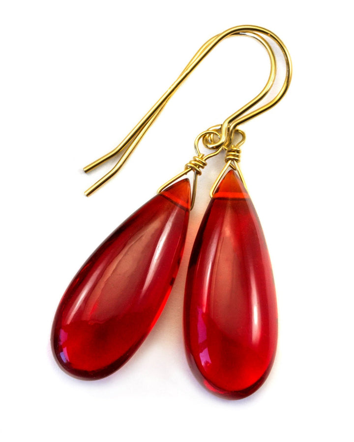 Red Ruby Earrings Pear Shaped Simulated Teardrop Dangle Long Smooth Sterling Silver or 14k Gold Filled Red Quartzite Puffed Shape Simple