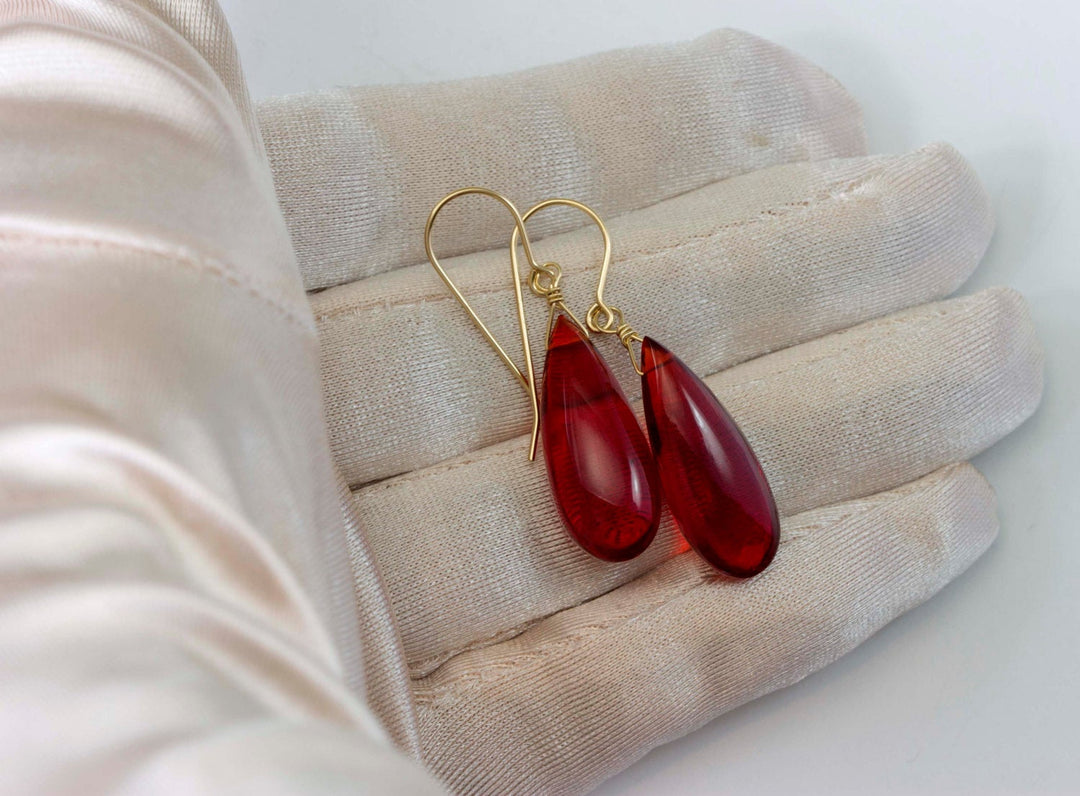 Red Ruby Earrings Pear Shaped Simulated Teardrop Dangle Long Smooth Sterling Silver or 14k Gold Filled Red Quartzite Puffed Shape Simple