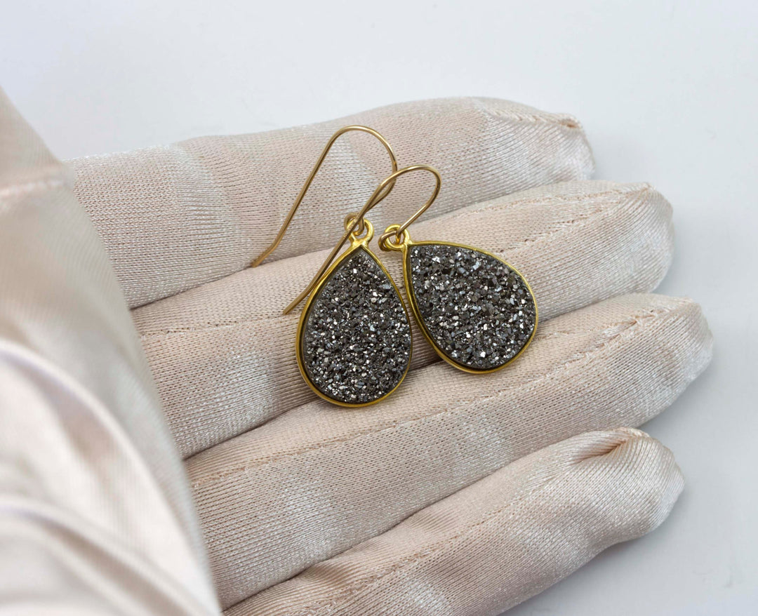 Black Platinum Grey Drusy Earrings Teardrop 14k Solid Gold or Filled or Sterling Silver Bezel Set Simple Drops Druzy Quartz Classic Simple