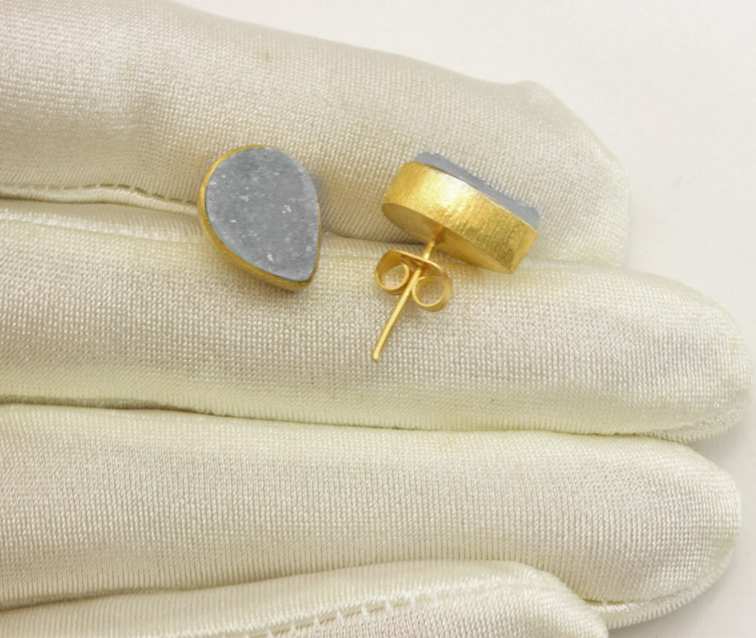 Grey Drusy Earrings Gold Post Studs Earrings Bezel Set Teardrop Shape Brushed Gold Finish Classic Simple Daily Wear Light Gray
