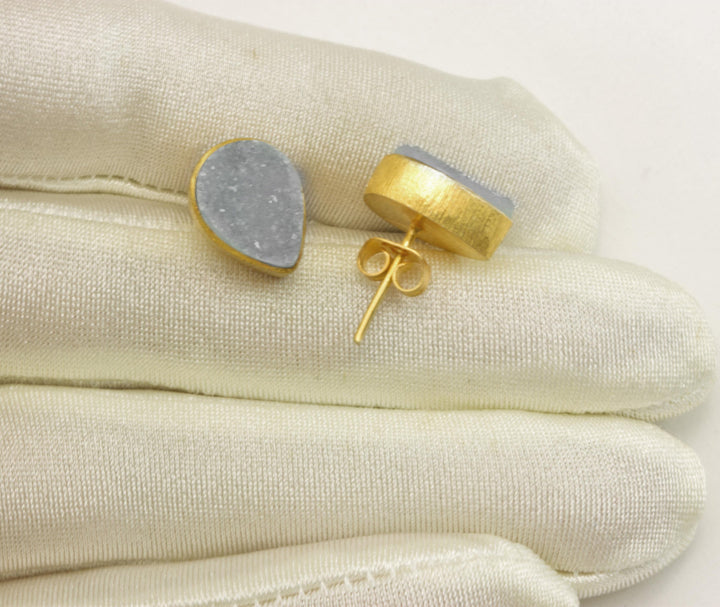 Grey Drusy Earrings Gold Post Studs Earrings Bezel Set Teardrop Shape Brushed Gold Finish Classic Simple Daily Wear Light Gray