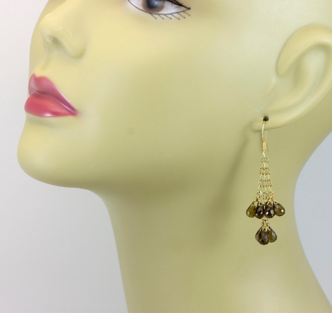 Olive Quartz Earrings Cluster Style 14k Solid Gold or Filled Micro Faceted Multiple Briolette Chandelier Natural Smoky Olive Green 2  Inches