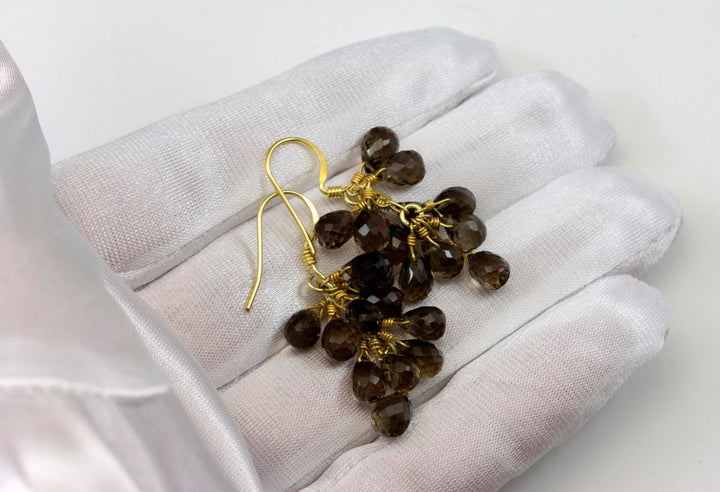 Smoky Quartz Earrings Cluster Style 14k Solid Gold or Filled Micro Faceted Multiple Briolettes Chandelier Natural Smokey  Grey 1 1/2 Inches